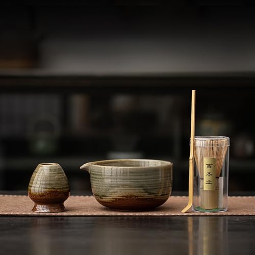 JIKANNOYA 抹茶セット 抹茶 セット 自宅用 茶道具 初心者 お点前セット 抹茶 陶器 抹茶茶碗 茶杓 茶杓立て 茶せん 百本立 茶筅立て くせ直し 綿茶巾 抹茶篩 茶道セット matcha set for beginners お手入れも簡単 母の日 父の日 誕生日 贈り物 おしゃれ 550ml AQCJ100