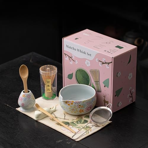 JIKANNOYA 抹茶セット 抹茶 セット 自宅用 茶道具 初心者 お点前セット 抹茶 陶器 抹茶茶碗 茶杓 ネコ茶杓立て 茶せん 百本立 茶筅立て くせ直し 綿茶巾 抹茶篩 茶道セット matcha set for beginners お手入れも簡単 母の日 父の日 誕生日 贈り物 おしゃれ 8点セット 580ml CJ150