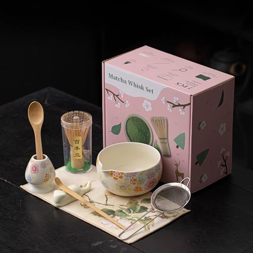 JIKANNOYA 抹茶セット 抹茶 セット 自宅用 茶道具 初心者 お点前セット 抹茶 陶器 抹茶茶碗 茶杓 ネコ茶杓立て 茶せん 百本立 茶筅立て くせ直し 綿茶巾 抹茶篩 茶道セット matcha set for beginners お手入れも簡単 母の日 父の日 誕生日 贈り物 おしゃれ 8点セット 580ml CJ150