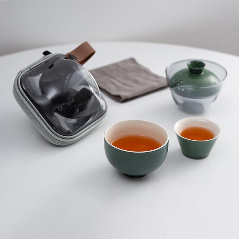 JIKANNOYA 中国茶器セット 茶器 茶具 磁器 湯呑み 急須 セット 携帯 台湾茶器 旅行ティーセット 茶の入れ 携帯用茶具 車載旅行茶器セット 収納バッグ付き 初心者 おしゃれ 軽量 お出かけ用 旅行 お手入れも簡単 母の日 父の日 誕生日 贈り物 AQZGCJ09