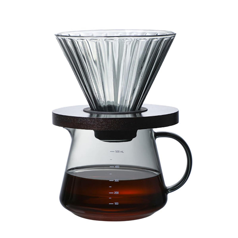 JIKANNOYA コーヒードリッパー ハンドドリップセット コーヒーサーバー 割れない 高ホウ素シリカガラス材料 耐熱ガラス 直火対応 耐寒性 クルミ材 ドリッパー 透明 電子レンジ·食洗機対応 コーヒー用品 使いやすい 洗いやすい 多用途 家用 喫茶店 1~4杯用 500ml グレー