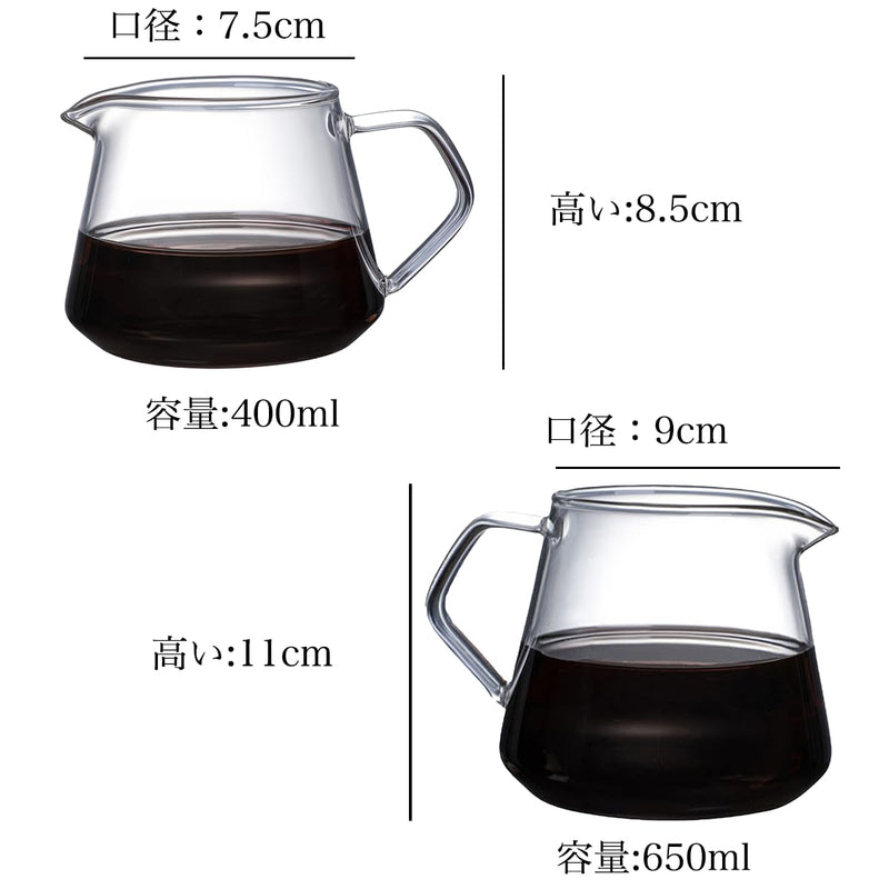 JIKANNOYA コーヒーポット 割れない 高ホウ素シリカガラス材料 耐熱ガラス 直火対応 耐寒性 ハンドル付き コーヒーサーバー 透明 電子レンジ 食洗機対応 コーヒー用品 使いやすい 洗いやすい 多用途 家用 喫茶店 1~3杯用 400ml AQKF01N
