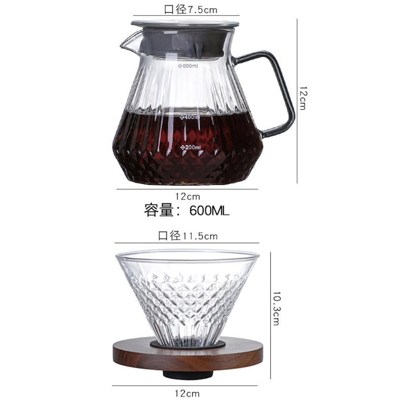 JIKANNOYA コーヒードリッパー ハンドドリップセット コーヒーサーバー 割れにくい 高ホウ素シリカガラス材料 耐熱ガラス 直火対応 耐寒性 クルミ材 ドリッパー ダイヤモンド 電子レンジ·食洗機対応 コーヒー用品 目盛り付き 洗いやすい 多用途 家用 喫茶店 1~4杯用 600ml
