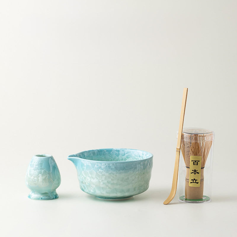 JIKANNOYA 抹茶 セット matcha set 初心者 茶道具 4点セット 陶器 抹茶茶碗 bowl 茶杓 茶せん 百本立 whisk 茶筅立て くせ直し お手入れも簡単 自宅用 ceremony 母の日 父の日 誕生日 贈り物 gift おしゃれ cute 高級 おうち時間グッズ 氷裂貫入釉薬シリーズ CJ188
