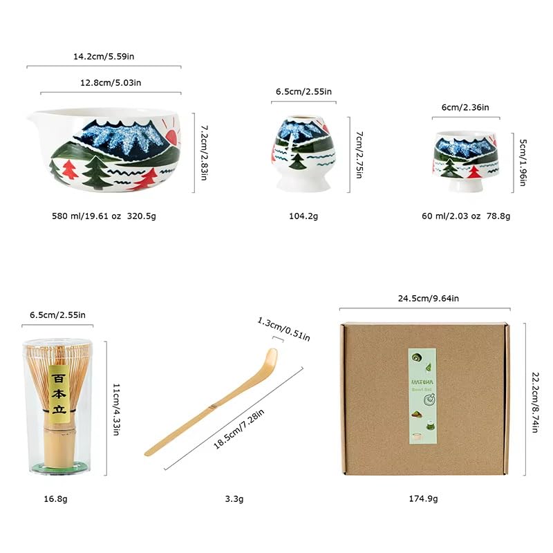 JIKANNOYA 抹茶セット 抹茶 自宅用 茶道具 初心者 お点前セット 湯のみ 陶器 抹茶茶碗 茶杓 茶杓立て 茶せん 百本立 茶筅立て くせ直し 茶道セット matcha set for beginners お手入れも簡単 母の日 父の日 誕生日 贈り物 おしゃれ 6点セット 富士山柄 580ml CJ127