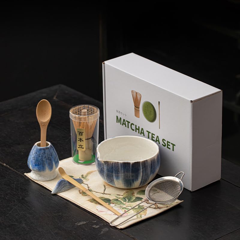 JIKANNOYA 抹茶セット 抹茶 セット 自宅用 茶道具 初心者 お点前セット 抹茶 陶器 抹茶茶碗 茶杓 ネコ茶杓立て 茶せん 百本立 茶道セット matcha set for beginners お手入れも簡単 母の日 父の日 誕生日 贈り物 おしゃれ 8点セット 氷裂貫入釉薬シリーズ CJ162