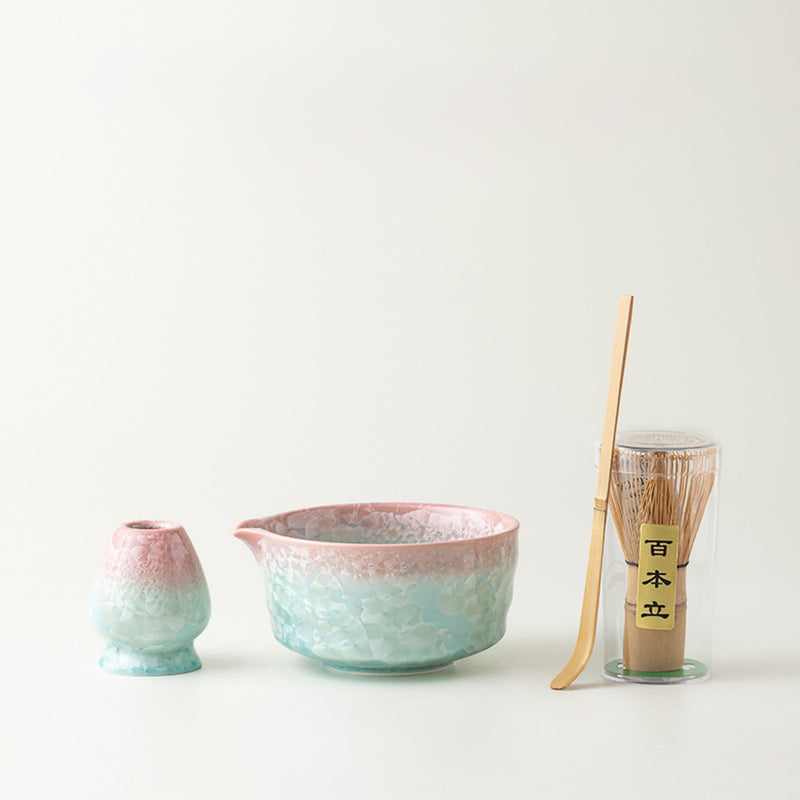JIKANNOYA 抹茶 セット matcha set 初心者 茶道具 4点セット 陶器 抹茶茶碗 bowl 茶杓 茶せん 百本立 whisk 茶筅立て くせ直し お手入れも簡単 自宅用 ceremony 母の日 父の日 誕生日 贈り物 gift おしゃれ cute 高級 おうち時間グッズ 氷裂貫入釉薬シリーズ CJ188