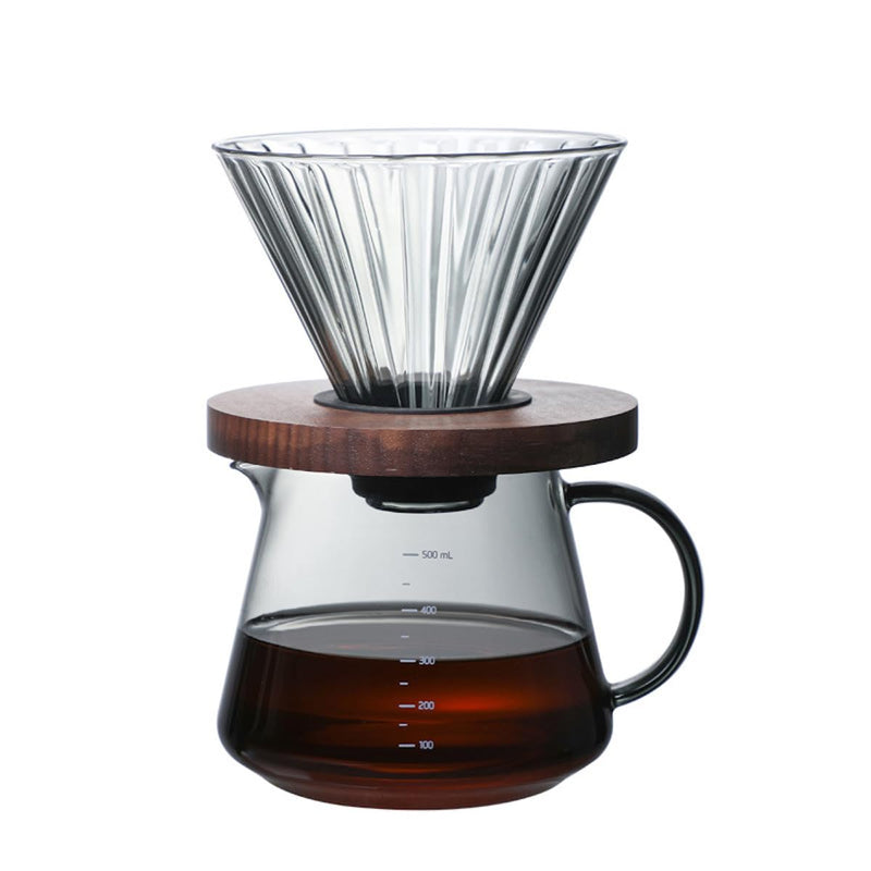 JIKANNOYA コーヒードリッパー ハンドドリップセット コーヒーサーバー 割れない 高ホウ素シリカガラス材料 耐熱ガラス 直火対応 耐寒性 クルミ材 ドリッパー 透明 電子レンジ·食洗機対応 コーヒー用品 使いやすい 洗いやすい 多用途 家用 喫茶店 1~4杯用 500ml グレー