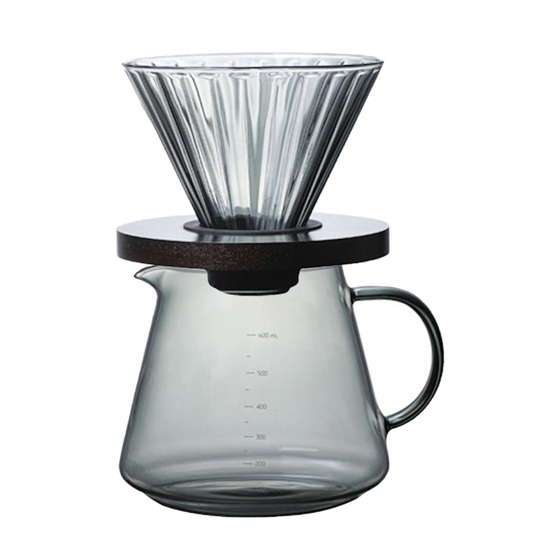 JIKANNOYA コーヒードリッパー ハンドドリップセット コーヒーサーバー 割れない 高ホウ素シリカガラス材料 耐熱ガラス 直火対応 耐寒性 クルミ材 ドリッパー 透明 電子レンジ·食洗機対応 コーヒー用品 使いやすい 洗いやすい 多用途 家用 喫茶店 1~4杯用 500ml グレー