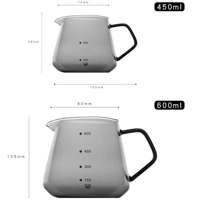 JIKANNOYA コーヒーポット 割れない 高ホウ素シリカガラス材料 耐熱ガラス 直火対応 耐寒性 ハンドル付き コーヒーサーバー 目盛あり 電子レンジ 食洗機対応 コーヒー用品 使いやすい 洗いやすい 多用途 家用 喫茶店 1~4杯用