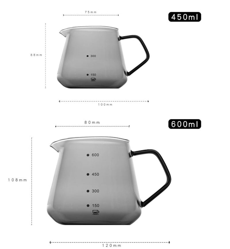 JIKANNOYA コーヒーポット 割れない 高ホウ素シリカガラス材料 耐熱ガラス 直火対応 耐寒性 ハンドル付き コーヒーサーバー 目盛あり 電子レンジ 食洗機対応 コーヒー用品 使いやすい 洗いやすい 多用途 家用 喫茶店 1~4杯用