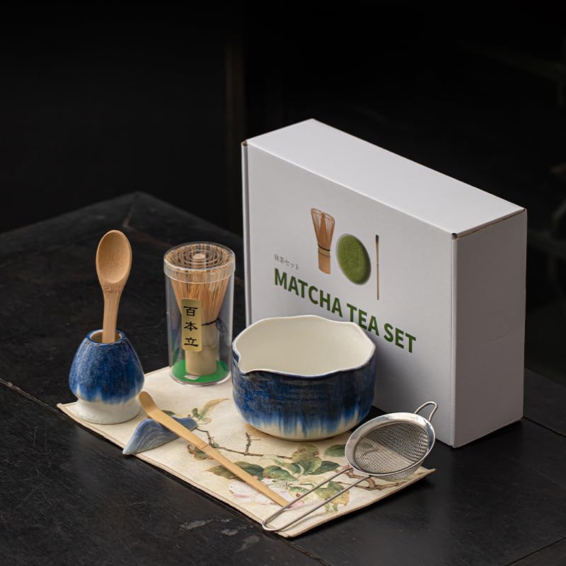 JIKANNOYA 抹茶セット 抹茶 セット 自宅用 茶道具 初心者 お点前セット 抹茶 陶器 抹茶茶碗 茶杓 ネコ茶杓立て 茶せん 百本立 茶道セット matcha set for beginners お手入れも簡単 母の日 父の日 誕生日 贈り物 おしゃれ 8点セット 氷裂貫入釉薬シリーズ CJ162