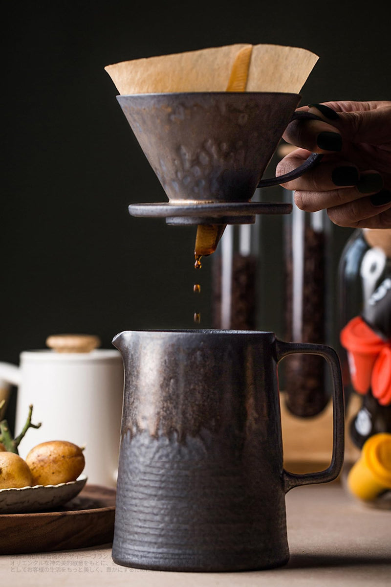 JIKANNOYA コーヒードリッパー コーヒーサーバーセット 450ml 復古 陶磁器製 ハンドドリップセット コーヒーサーバー ドリッパー 電子レンジ·食洗機対応 コーヒー用品 洗いやすい 多用途 家用 喫茶店 プレゼント おしゃれ 1~4杯用 鎏金