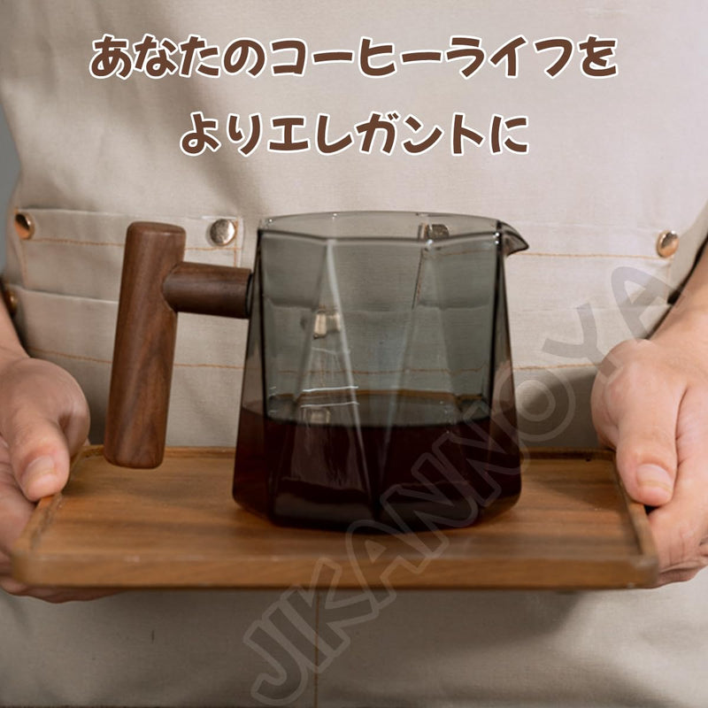JIKANNOYA コーヒーポット 割れない 高ホウ素シリカガラス材料 耐熱ガラス 直火対応 耐寒性 八角 ハンドル付き ウォールナットハンドル コーヒーサーバー 透明 電子レンジ 食洗機対応 コーヒー用品 使いやすい 洗いやすい 多用途 家用 喫茶店 1~4杯用 450ml AQKF27
