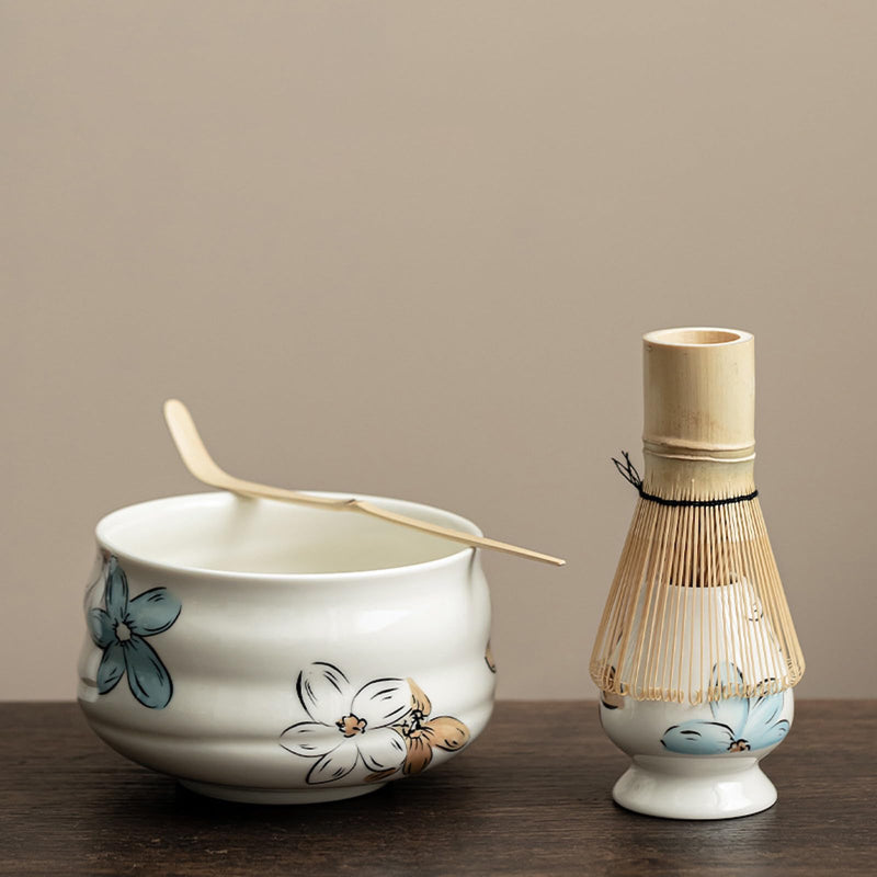 JIKANNOYA 抹茶セット 茶道具 初心者 自宅用 お点前セット 4点セット 茶杓 茶筅 茶せん 百本立 茶筅立て くせ直し 抹茶篩 綿茶巾 陶器茶杓立て お手入れも簡単 母の日 父の日 誕生日 贈り物 おしゃれ AQCJ56