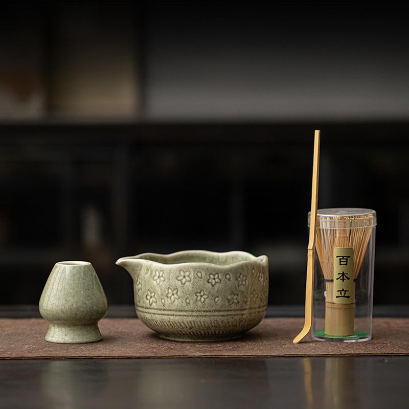 JIKANNOYA 抹茶 セット matcha set 茶道具 4点セット陶器 抹茶茶碗 bowl 茶杓 茶杓立て 茶せん 百本立 whisk 茶筅立て くせ直し 綿茶巾 抹茶篩 お手入れも簡単 初心者 自宅用 ceremony 母の日 父の日 誕生日 贈り物 gift おしゃれ cute 高級 CJ138