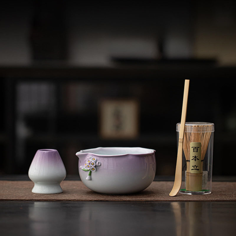 JIKANNOYA 抹茶 セット matcha set 初心者 茶道具 4点セット 陶器 抹茶茶碗 bowl 茶杓 茶せん 百本立 whisk 茶筅立て くせ直し お手入れも簡単 自宅用 ceremony 母の日 父の日 誕生日 贈り物 gift おしゃれ cute 高級 おうち時間グッズ 花 CJ192