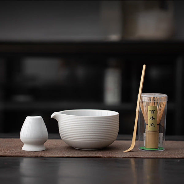 JIKANNOYA 抹茶セット 茶道具 初心者 自宅用 お点前セット 4点セット 茶杓 茶筅 茶せん 百本立 茶筅立て くせ直し 抹茶篩 綿茶巾 陶器茶杓立て お手入れも簡単 母の日 父の日 誕生日 贈り物 おしゃれ AQCJ52