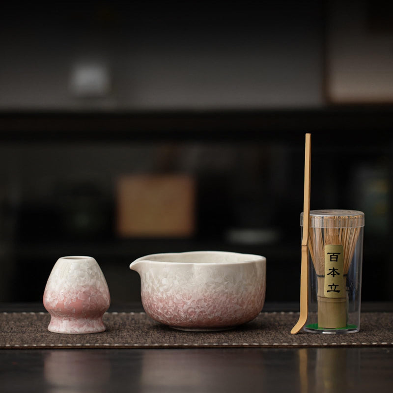 JIKANNOYA 抹茶 セット matcha set 茶道具 4点セット陶器 抹茶茶碗 bowl 茶杓 茶せん 百本立 whisk 茶筅立て くせ直し お手入れも簡単 初心者 自宅用 ceremony 母の日 父の日 誕生日 贈り物 gift おしゃれ cute 高級 おうち時間グッズ 氷裂貫入釉薬シリーズ CJ157