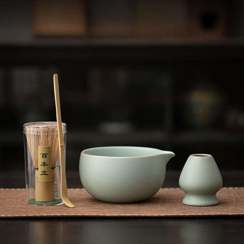JIKANNOYA 抹茶セット 抹茶 セット 自宅用 茶道具 初心者 お点前セット 抹茶 陶器 抹茶茶碗 茶杓 茶杓立て 茶せん 百本立 茶筅立て くせ直し 綿茶巾 抹茶篩 茶道セット matcha set for beginners お手入れも簡単 母の日 父の日 誕生日 贈り物 おしゃれ 汝窯 500ml AQCJ94