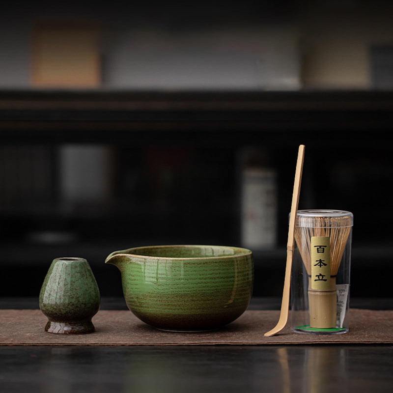 JIKANNOYA 抹茶セット 茶道具 初心者 自宅用 お点前セット 4点セット 茶杓 茶筅 茶せん 百本立 茶筅立て くせ直し 抹茶篩 綿茶巾 陶器茶杓立て お手入れも簡単 母の日 父の日 誕生日 贈り物 おしゃれ AQCJ53
