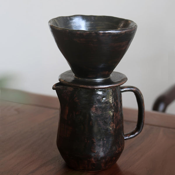 JIKANNOYA コーヒードリッパー コーヒーサーバーセット 300ml 陶器製 レトロ 侘び寂び ハンドドリップセット コーヒーサーバー ドリッパー 電子レンジ·食洗機対応 コーヒー用品 洗いやすい 多用途 家用 喫茶店 プレゼント おしゃれ 1~2杯用 AQKF29