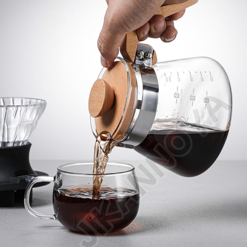 JIKANNOYA コーヒードリッパー ハンドドリップセット コーヒーサーバー 割れない 高ホウ素シリカガラス材料 耐熱ガラス 直火対応 耐寒性 木材 ドリッパー ダイヤモンド 電子レンジ·食洗機対応 コーヒー用品 目盛り付き 洗いやすい 多用途 家用 喫茶店 1~4杯用 AQKF25