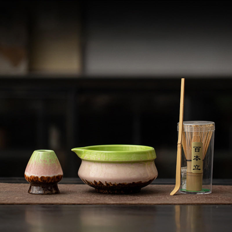 JIKANNOYA 抹茶 セット matcha set 茶道具 4点セット陶器 抹茶茶碗 bowl 茶杓 茶杓立て 茶せん 百本立 whisk 茶筅立て くせ直し 綿茶巾 抹茶篩 お手入れも簡単 初心者 自宅用 ceremony 母の日 父の日 誕生日 贈り物 gift おしゃれ cute 高級 CJ132