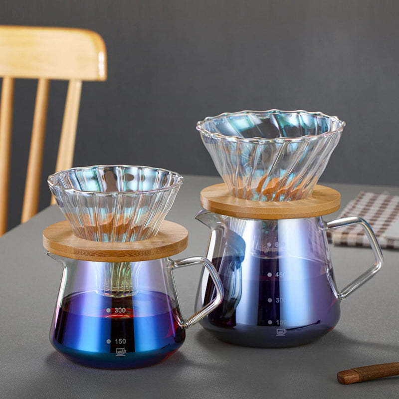 JIKANNOYA コーヒードリッパー 300ml ハンドドリップセット コーヒーサーバー 割れない 高ホウ素シリカガラス材料 耐熱ガラス 直火対応 耐寒性 ドリッパー 電子レンジ·食洗機対応 コーヒー用品 洗いやすい 多用途 家用 喫茶店 1~2杯用 多色ガラス
