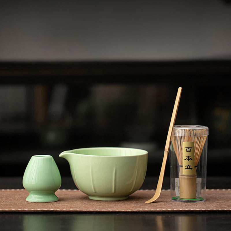 JIKANNOYA 抹茶セット 茶道具 初心者 自宅用 お点前セット matcha set 茶道 茶器 茶杓 茶筅 茶せん 百本立 茶筅立て くせ直し 抹茶篩 綿茶巾 陶器茶杓立て お手入れも簡単 持ち運び アウトドア 母の日 父の日 誕生日 贈り物 人気 おしゃれ 4点セット AQCJ72