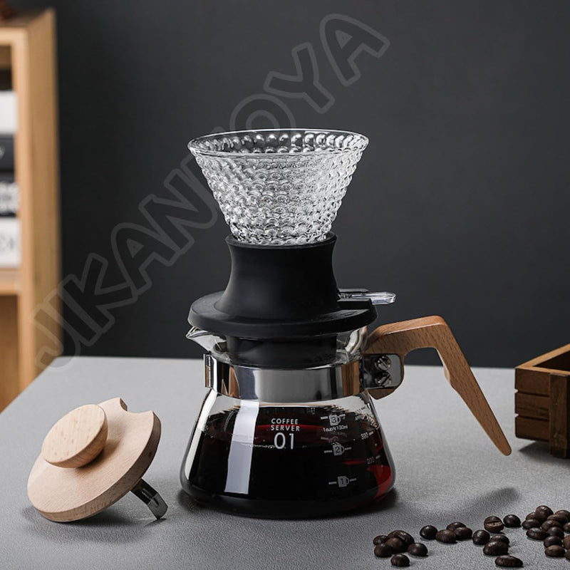 JIKANNOYA コーヒードリッパー ハンドドリップセット コーヒーサーバー 割れない 高ホウ素シリカガラス材料 耐熱ガラス 直火対応 耐寒性 木材 ドリッパー ダイヤモンド 電子レンジ·食洗機対応 コーヒー用品 目盛り付き 洗いやすい 多用途 家用 喫茶店 1~4杯用 AQKF25