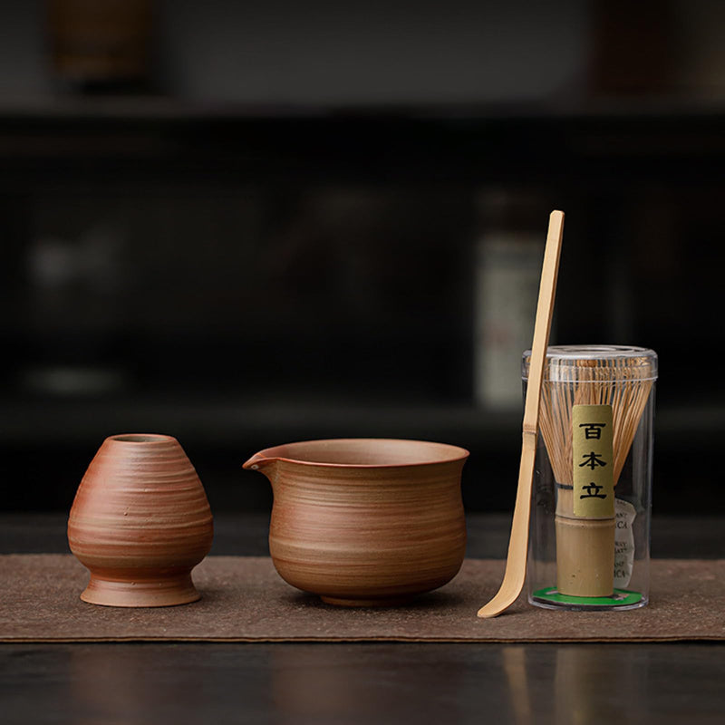 JIKANNOYA 抹茶セット 茶道具 初心者 自宅用 お点前セット 4点セット 茶杓 茶筅 茶せん 百本立 茶筅立て くせ直し 抹茶篩 綿茶巾 陶器茶杓立て お手入れも簡単 母の日 父の日 誕生日 贈り物 おしゃれ レトロ AQCJ54