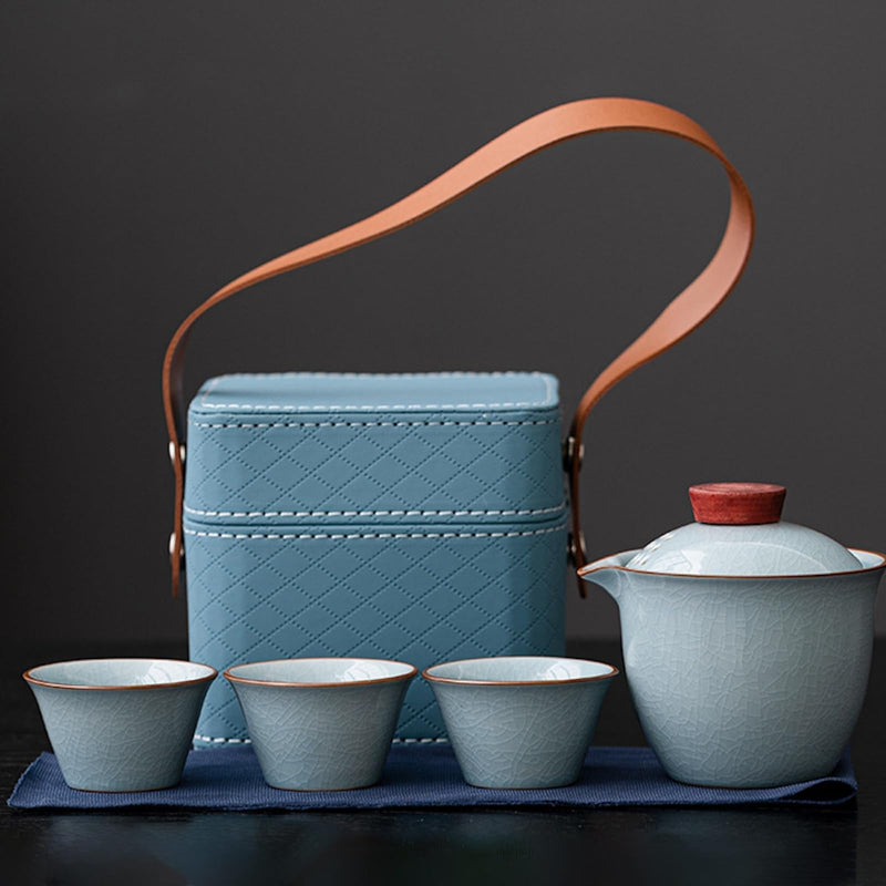JIKANNOYA 中国茶器セット 茶器 茶具 磁器 湯呑み 急須 セット 携帯 台湾茶器 旅行ティーセット 茶の入れ 携帯用茶具 車載旅行茶器セット 収納バッグ付き 初心者 高級 おしゃれ 軽量 お出かけ用 旅行 お手入れも簡単 母の日 父の日 誕生日 贈り物 汝窯 AQZGCJ07N