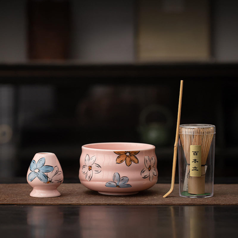 JIKANNOYA 抹茶セット 茶道具 初心者 自宅用 お点前セット 4点セット matcha set 茶杓 茶筅 茶せん 百本立 茶筅立て くせ直し 抹茶篩 綿茶巾 陶器茶杓立て お手入れも簡単 母の日 父の日 誕生日 贈り物 おしゃれ 花柄 ピンク AQCJ73