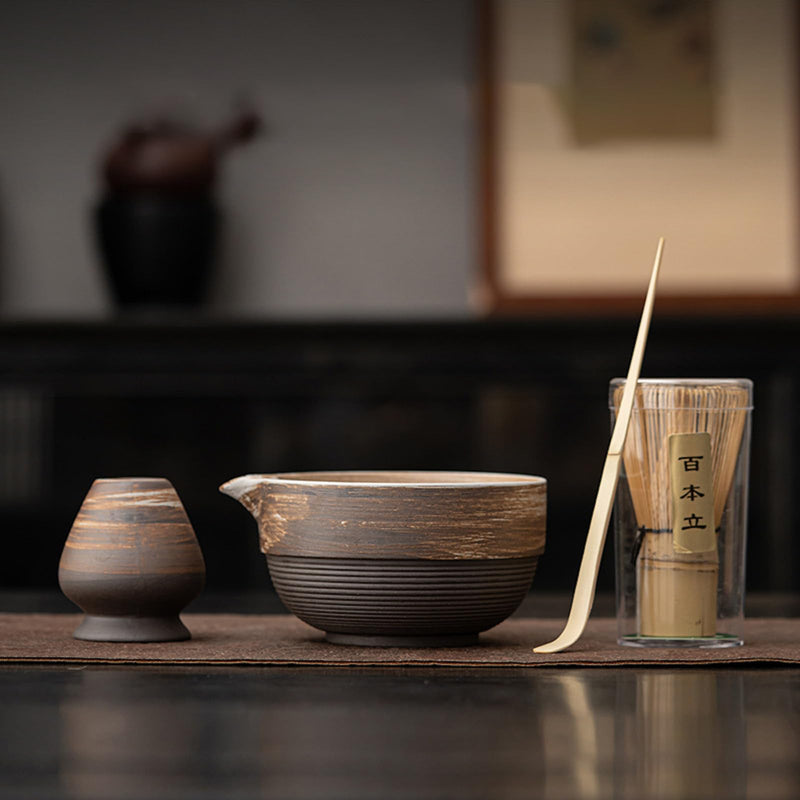 JIKANNOYA 茶道具 セット お点前セット 抹茶セット 4点セット 茶杓 茶筅 茶せん 百本立 茶筅立て くせ直し 初心者 抹茶スターター おうち時間グッズ お手入れも簡単 母の日 父の日 誕生日 贈り物