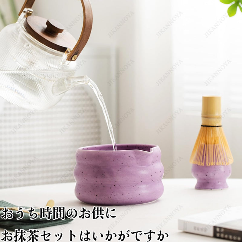 JIKANNOYA 抹茶セット 初心者 6点セット マカロンカラー お点前セット 陶磁器茶碗 注ぎ口付き お茶缶 茶杓 茶せん 百本立 茶筅立て くせ直し 綿茶巾 茶道具 茶道 セット お手入れも簡単 母の日 父の日 誕生日 贈り物 500ml