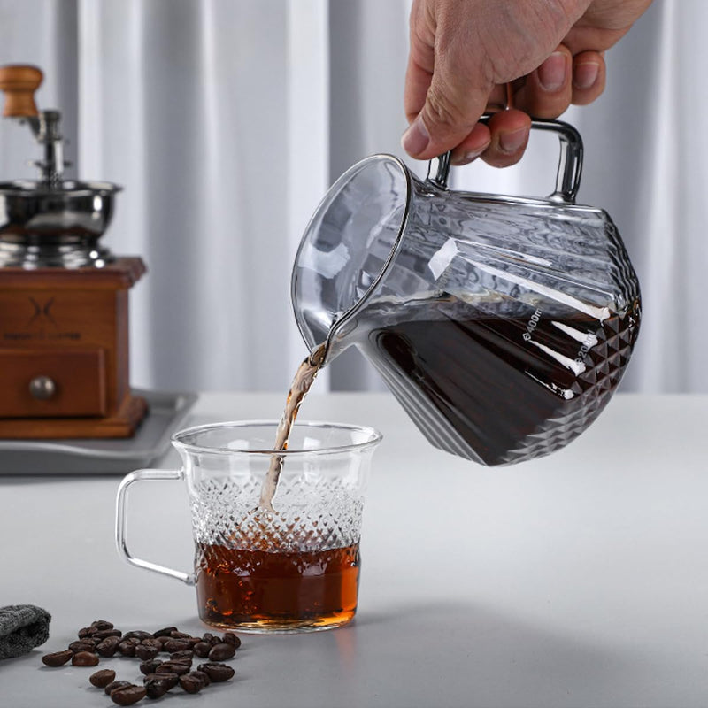 JIKANNOYA コーヒードリッパー ハンドドリップセット コーヒーサーバー 割れにくい 高ホウ素シリカガラス材料 耐熱ガラス 直火対応 耐寒性 クルミ材 ドリッパー ダイヤモンド 電子レンジ·食洗機対応 コーヒー用品 目盛り付き 洗いやすい 多用途 家用 喫茶店 1~4杯用 600ml