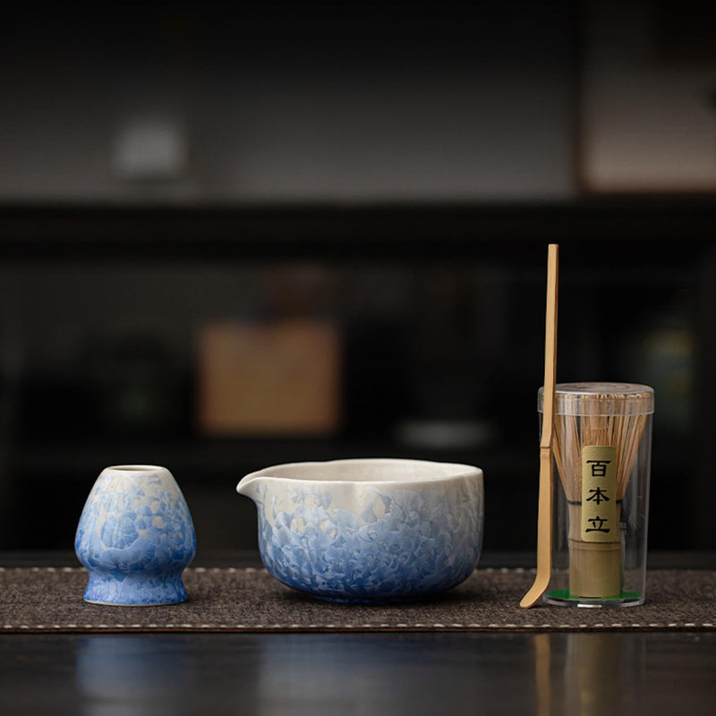 JIKANNOYA 抹茶 セット matcha set 茶道具 4点セット陶器 抹茶茶碗 bowl 茶杓 茶せん 百本立 whisk 茶筅立て くせ直し お手入れも簡単 初心者 自宅用 ceremony 母の日 父の日 誕生日 贈り物 gift おしゃれ cute 高級 おうち時間グッズ 氷裂貫入釉薬シリーズ CJ157