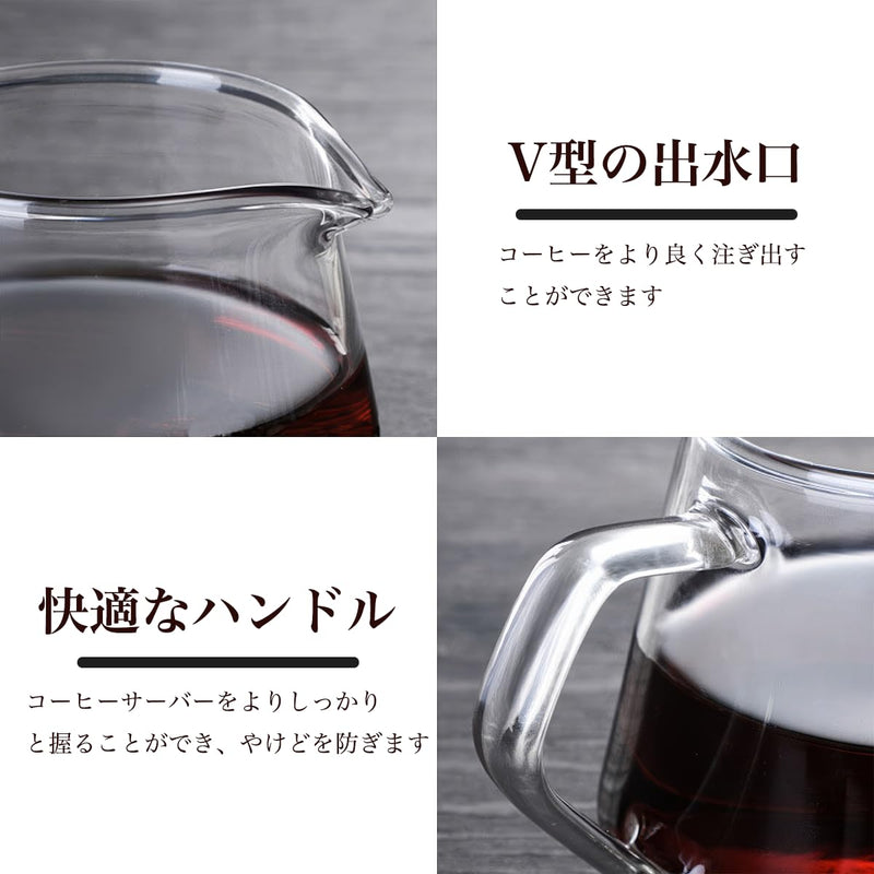 JIKANNOYA コーヒーポット 割れない 高ホウ素シリカガラス材料 耐熱ガラス 直火対応 耐寒性 ハンドル付き コーヒーサーバー 透明 電子レンジ 食洗機対応 コーヒー用品 使いやすい 洗いやすい 多用途 家用 喫茶店 1~3杯用 400ml AQKF01N