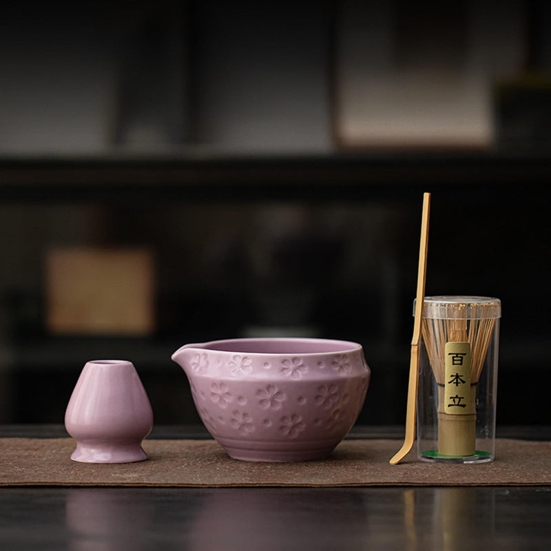 JIKANNOYA 抹茶 セット matcha set 茶道具 4点セット 抹茶茶碗 bowl 茶杓 茶せん 百本立 whisk 茶筅立て くせ直し お手入れも簡単 初心者 自宅用 ceremony 母の日 父の日 誕生日 贈り物 gift 持ち運び おしゃれ cute 高級 おうち時間グッズ 桜 CJ174