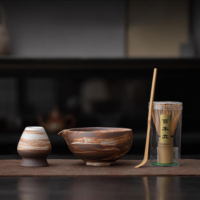 JIKANNOYA 抹茶セット 茶道具 初心者 自宅用 お点前セット 4点セット 茶杓 茶筅 茶せん 百本立 茶筅立て くせ直し 抹茶篩 綿茶巾 陶器茶杓立て お手入れも簡単 母の日 父の日 誕生日 贈り物 おしゃれ AQCJ55