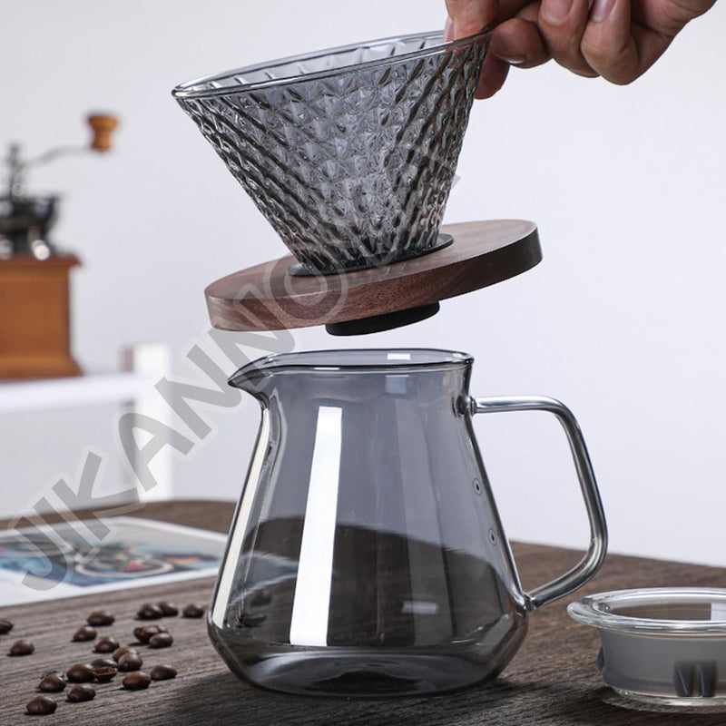 JIKANNOYA コーヒードリッパー ハンドドリップセット コーヒーサーバー 割れない 高ホウ素シリカガラス材料 耐熱ガラス 直火対応 耐寒性 クルミ材 ドリッパー ダイヤモンド 電子レンジ·食洗機対応 コーヒー用品 目盛り付き 洗いやすい 多用途 家用 喫茶店 1~4杯用 AQKF23