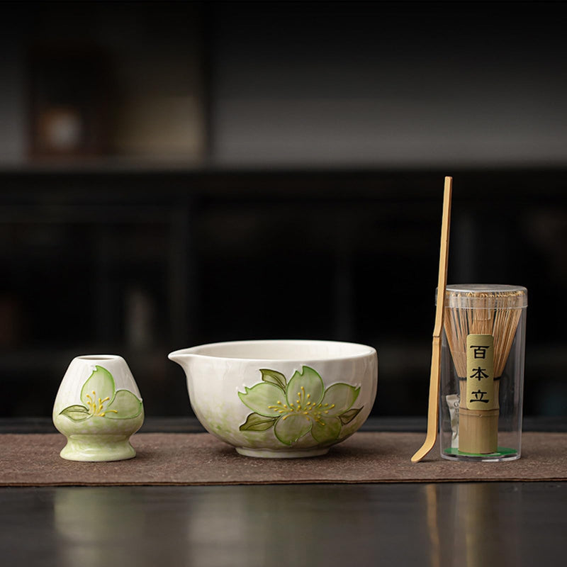 JIKANNOYA 抹茶 セット matcha set 茶道具 4点セット陶器 抹茶茶碗 bowl 茶杓 茶杓立て 茶せん 百本立 whisk 茶筅立て くせ直し 綿茶巾 抹茶篩 お手入れも簡単 初心者 自宅用 ceremony 母の日 父の日 誕生日 贈り物 gift おしゃれ cute 高級 CJ136