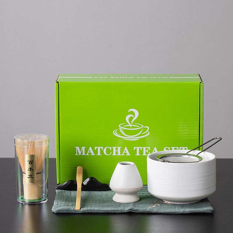 JIKANNOYA 抹茶セット お点前セット 4点セット 陶磁器茶碗 茶杓 茶筅 茶せん 百本立 陶磁器茶筅立て くせ直し 抹茶篩 綿茶巾 陶磁器茶杓立て 茶道具 セット 初心者 抹茶スターター おうち時間グッズ お手入れも簡単 母の日 父の日 誕生日 贈り物 450ml