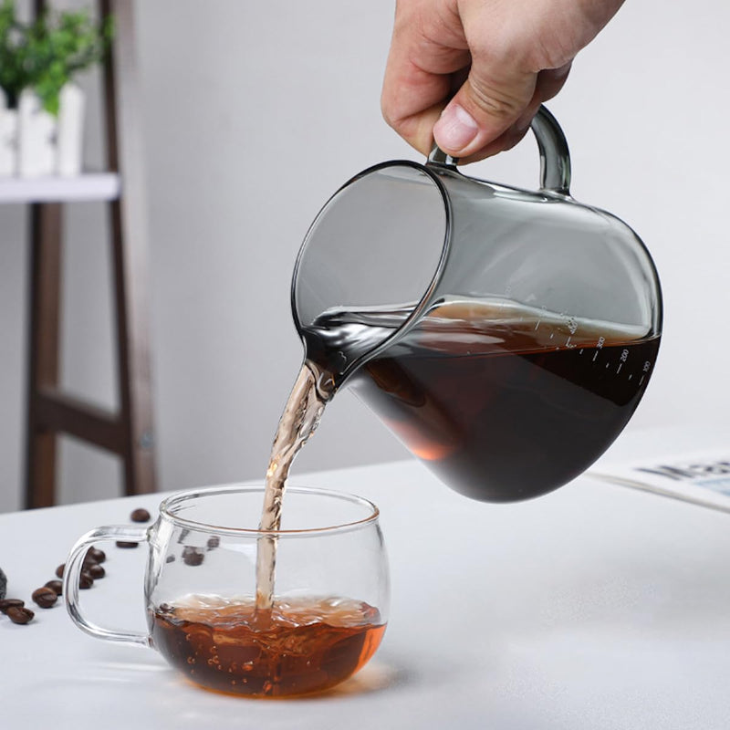 JIKANNOYA コーヒードリッパー ハンドドリップセット コーヒーサーバー 割れない 高ホウ素シリカガラス材料 耐熱ガラス 直火対応 耐寒性 クルミ材 ドリッパー 透明 電子レンジ·食洗機対応 コーヒー用品 使いやすい 洗いやすい 多用途 家用 喫茶店 1~4杯用 500ml グレー