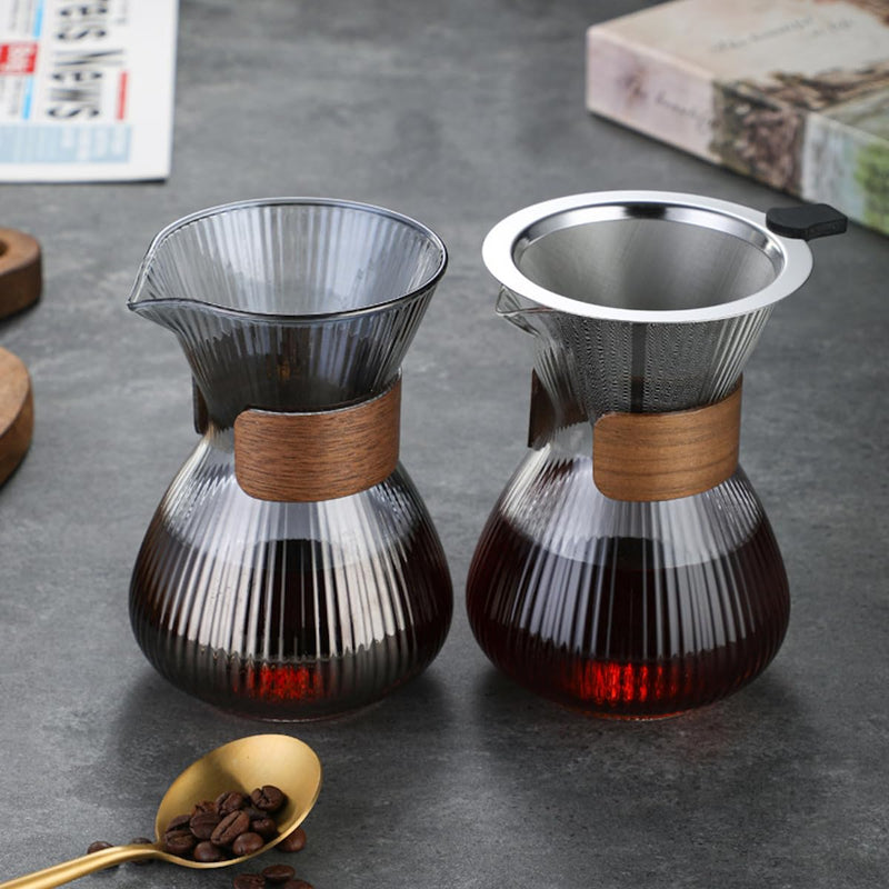 JIKANNOYA コーヒーポット 割れない 400ml 高ホウ素シリカガラス材料 目盛付き 直火対応 無垢材のハンドル コーヒーサーバー ドリップコーヒーサーバー ペーパーコーヒーフィルター不要 縦線テクスチャ 電子レンジ 食洗機対応 コーヒー用品 使いやすい 洗いやすい 多用途 家用 喫茶店 1~3杯用 ドリップ付き