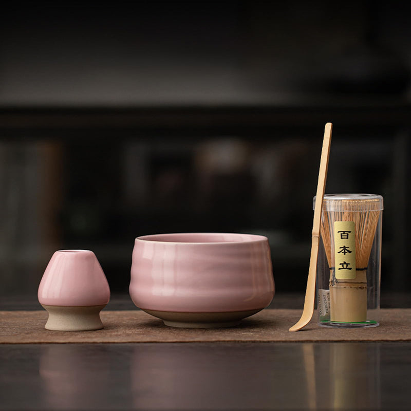 JIKANNOYA 抹茶セット 茶道具 初心者 自宅用 お点前セット 4点セット matcha set 茶杓 茶筅 茶せん 百本立 茶筅立て くせ直し 抹茶篩 綿茶巾 陶器茶杓立て お手入れも簡単 母の日 父の日 誕生日 贈り物 おしゃれ ピンク AQCJ77