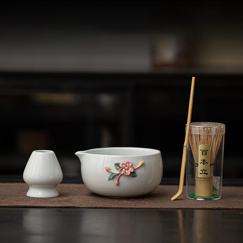 JIKANNOYA 抹茶 セット matcha set 茶道具 4点セット陶器 抹茶茶碗 bowl 茶杓 茶杓立て 茶せん 百本立 whisk 茶筅立て くせ直し 綿茶巾 抹茶篩 お手入れも簡単 初心者 自宅用 ceremony 母の日 父の日 誕生日 贈り物 gift おしゃれ cute 高級 CJ134