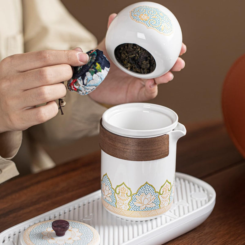 JIKANNOYA 中国茶器セット 茶器 茶具 磁器 急須 湯呑み お茶缶 ティートレイ セット 携帯 台湾茶器 旅行ティーセット 茶の入れ 携帯用茶具 車載旅行茶器セット 収納バッグ付き 初心者 高級 おしゃれ 軽量 お出かけ用 旅行 お手入れも簡単 母の日 父の日 誕生日 贈り物 AQZGCJ04