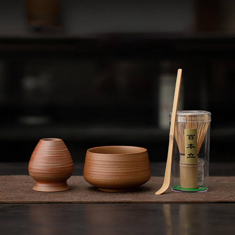 JIKANNOYA 抹茶セット 茶道具 初心者 自宅用 お点前セット 4点セット 茶杓 茶筅 茶せん 百本立 茶筅立て くせ直し 抹茶篩 綿茶巾 陶器茶杓立て お手入れも簡単 母の日 父の日 誕生日 贈り物 おしゃれ AQCJ51